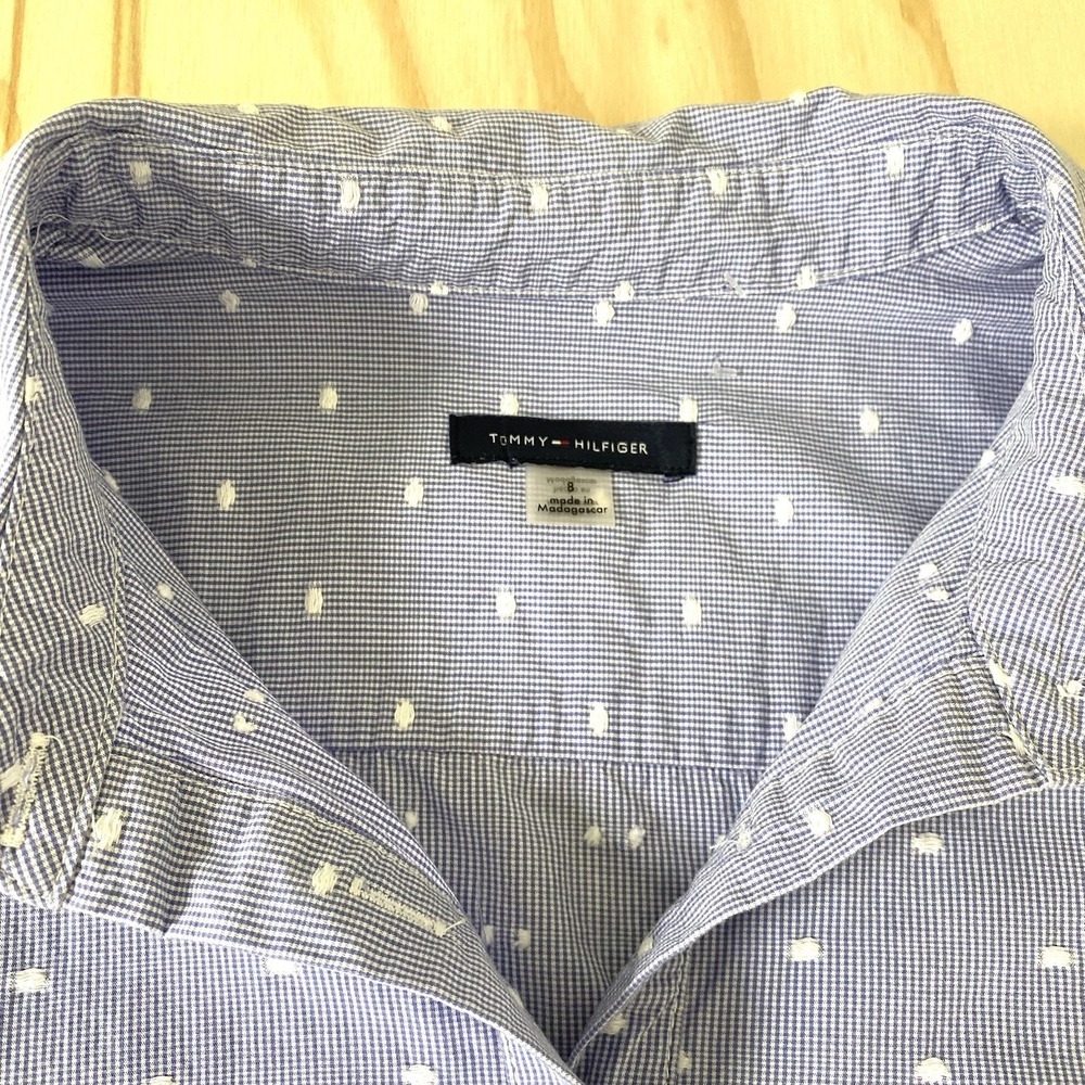 Tommy Hilfiger Blue White Gingham Polka Dot Tie Waist Shirt Dress Size 8 - Picture 6 of 11